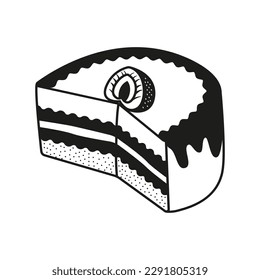 Vector illustration of a Cake with strawberries and chocolate in doodle style.Image of a sweet confection with a cut piece. Birthday Cake with filling