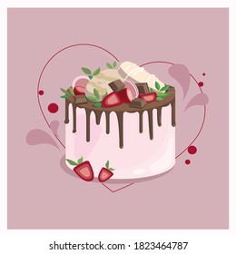 Vector illustration of a cake with strawberries, ice cream and chocolate