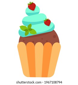 Vector illustration . Cake . Strawberries with mint . With chocolate dough .
