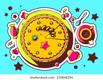 Vector illustration of cake with sweets and cup of tea on blue background with star and heart. Hand draw line art design for web, site, advertising, banner, poster, board and print.  