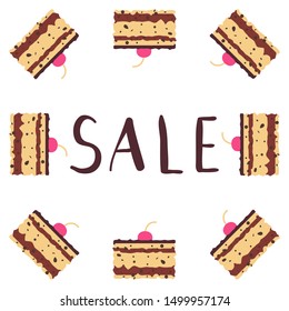 Vector illustration with cakes in flat style and a hand drawn lettering word "sale".