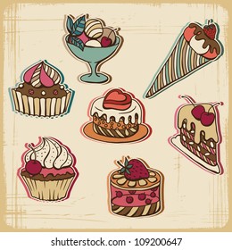 Vector illustration of cakes in retro style. Vintage design.