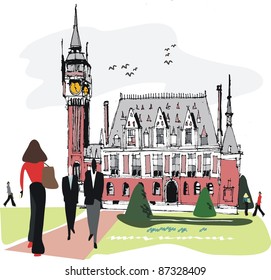 Vector illustration of Calais town hall, France with pedestrians.