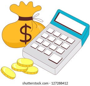 Ilustração vetorial de uma calculadora e um saco de dinheiro