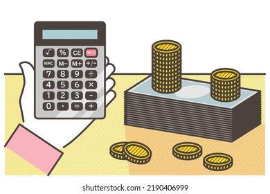 Vector illustration of a calculator with coins and banknotes. Household economy and saving concept.