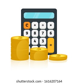 Vector illustration of calculator and gold dollar coins. Fees and funding, money saving, return on investment, making money, mutual fund, budget planning, tax and accounting concept. Finance icons