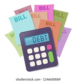 Vector illustration of calculator on top of colorful bill statements