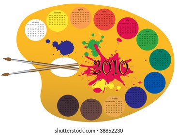 vector illustration of a calendar for 2010, made as a palette for colors. month located around the perimeter of the palette