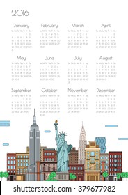 Vector illustration of a calendar for 2016. New York under the calendar grid. Week starts on Sunday