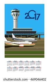 vector illustration calendar 2017 airport building near airfield