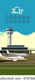 vector illustration calendar 2017 airport building near airfield