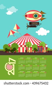 Vector illustration Calendar 2017 with an illustration of an amusement park carnival