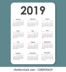 Vector illustration Calendar 2019.  Week starts on Sunday. Classic style. Layers grouped for easy editing illustration. For your design.