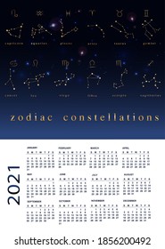 Vector illustration of calendar for 2021 with zodiac constellations. EPS 10.
