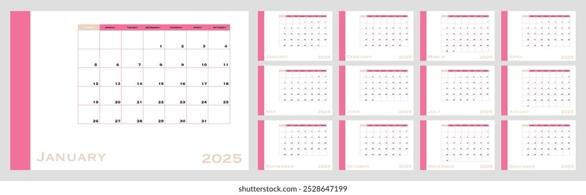 Vector illustration. Calendar for 2025. Perfect for your workplace design.