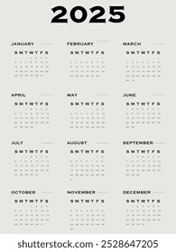Ilustração vetorial. Calendário para 2025. Perfeito para o design do seu local de trabalho.