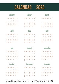 Vector illustration. Calendar for 2025. Week starts on Sunday. Calendar ready for printing. Has 12 months. Stationery design concept.