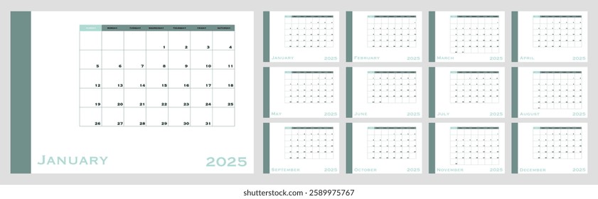 Vector illustration. Calendar for 2025. Week starts on Sunday. Calendar ready for printing. Has 12 months. Stationery design concept.