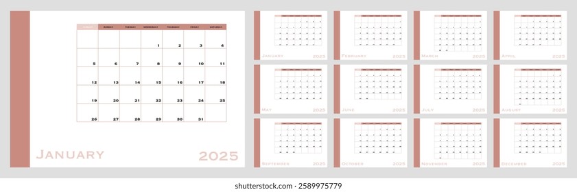 Vector illustration. Calendar for 2025. Week starts on Sunday. Calendar ready for printing. Has 12 months. Stationery design concept.