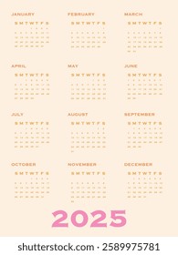Vector illustration. Calendar for 2025. Week starts on Sunday. Calendar ready for printing. Has 12 months. Stationery design concept.