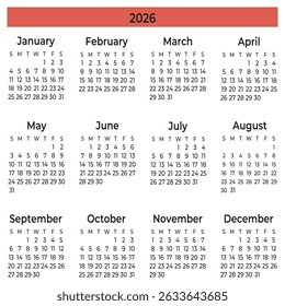 Vector illustration of calendar 2026. Simple calendar for office.Simple planner template, desk calendar 2026 year .
