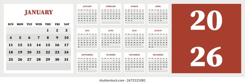 Ilustración vectorial. Calendario para 2026. La semana comienza el domingo. Calendario listo para imprimir. Tiene 12 meses. Concepto de diseño de papelería.