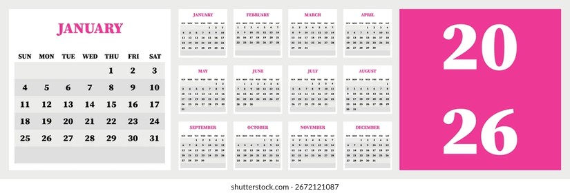 Vector illustration. Calendar for 2026. Week starts on Sunday. Calendar ready for printing. Has 12 months. Stationery design concept.