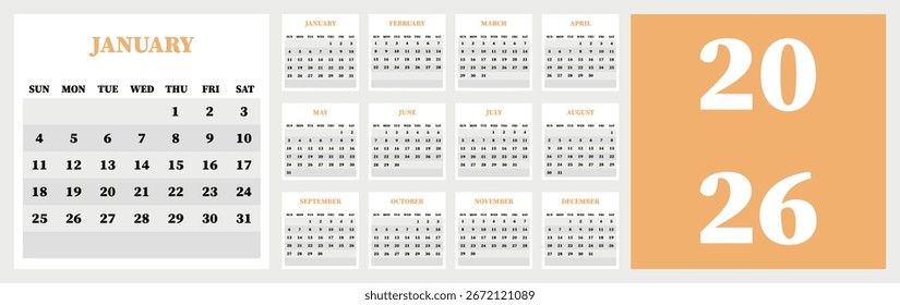 Ilustración vectorial. Calendario para 2026. La semana comienza el domingo. Calendario listo para imprimir. Tiene 12 meses. Concepto de diseño de papelería.