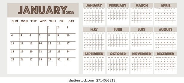 Vektorgrafik. Kalender für 2026. Die Woche beginnt am Sonntag. Kalender bereit zum Drucken. Hat 12 Monate. Gestaltungskonzept für Papier.