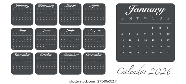 Vektorgrafik. Kalender für 2026. Die Woche beginnt am Sonntag. Kalender bereit zum Drucken. Hat 12 Monate. Gestaltungskonzept für Papier.