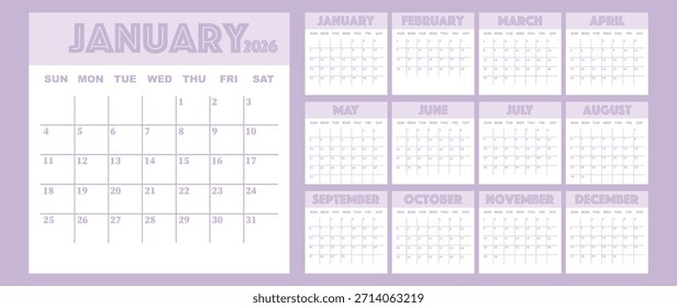 Vektorgrafik. Kalender für 2026. Die Woche beginnt am Sonntag. Kalender bereit zum Drucken. Hat 12 Monate. Gestaltungskonzept für Papier.