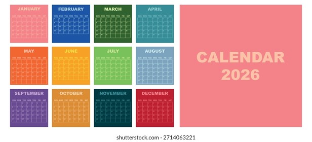 Vektorgrafik. Kalender für 2026. Die Woche beginnt am Sonntag. Kalender bereit zum Drucken. Hat 12 Monate. Gestaltungskonzept für Papier.