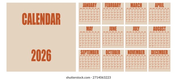 Vektorgrafik. Kalender für 2026. Die Woche beginnt am Sonntag. Kalender bereit zum Drucken. Hat 12 Monate. Gestaltungskonzept für Papier.
