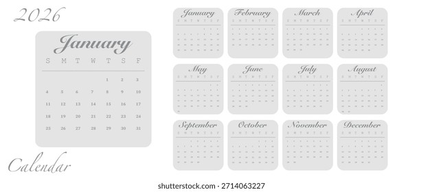 Vektorgrafik. Kalender für 2026. Die Woche beginnt am Sonntag. Kalender bereit zum Drucken. Hat 12 Monate. Gestaltungskonzept für Papier.