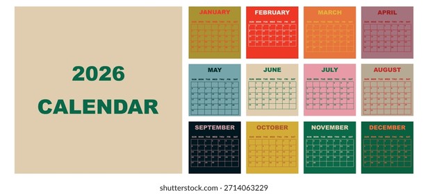 Vektorgrafik. Kalender für 2026. Die Woche beginnt am Sonntag. Kalender bereit zum Drucken. Hat 12 Monate. Gestaltungskonzept für Papier.