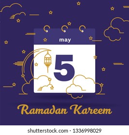 Vector illustration. Calendar of 5th May with shadow. Ramadan concept 