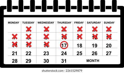 vector illustration of calendar almanac counting or crossing out days, until reaching number 17