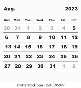 Ilustración vectorial de un calendario para agosto de 2023. De estilo minimalista. La semana empieza el domingo
