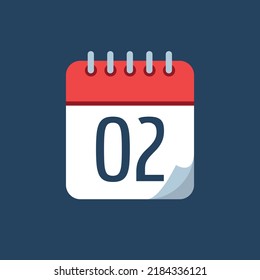 vector illustration of calendar with bent tip, red icon isolated on navy blue background, appointment schedule marking day 02.