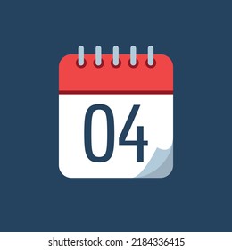 vector illustration of calendar with bent tip, red icon isolated on navy blue background, appointment schedule marking day 04.