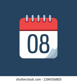 vector illustration of calendar with bent tip, red icon isolated on navy blue background, appointment schedule marking day 08.