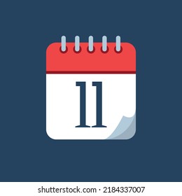 vector illustration of calendar with bent tip, red icon isolated on navy blue background, appointment schedule marking day 11.