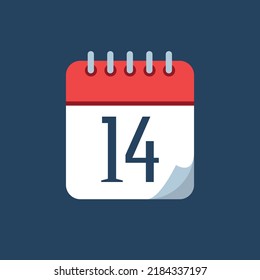 vector illustration of calendar with bent tip, red icon isolated on navy blue background, appointment schedule marking day 14.