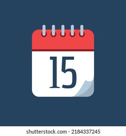 vector illustration of calendar with bent tip, red icon isolated on navy blue background, appointment schedule marking day 15.