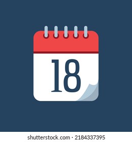 vector illustration of calendar with bent tip, red icon isolated on navy blue background, appointment schedule marking day 18.