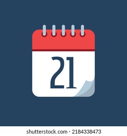 vector illustration of calendar with bent tip, red icon isolated on navy blue background, appointment schedule marking day 21.