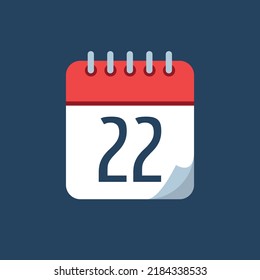 ilustración vectorial de calendario con punta doblada, icono rojo aislado en fondo azul marino, programación de cita marcando día 22.