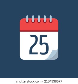 ilustración vectorial de calendario con punta doblada, icono rojo aislado en fondo azul marino, programación de cita marcando día 25.