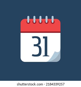 vector illustration of calendar with bent tip, red icon isolated on navy blue background, appointment schedule marking day 31.
