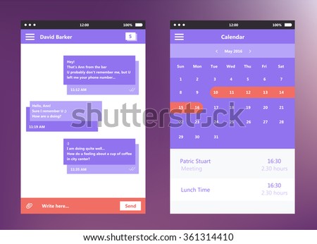 Vector Illustration of calendar and chat box interface. Web UI. Flat style